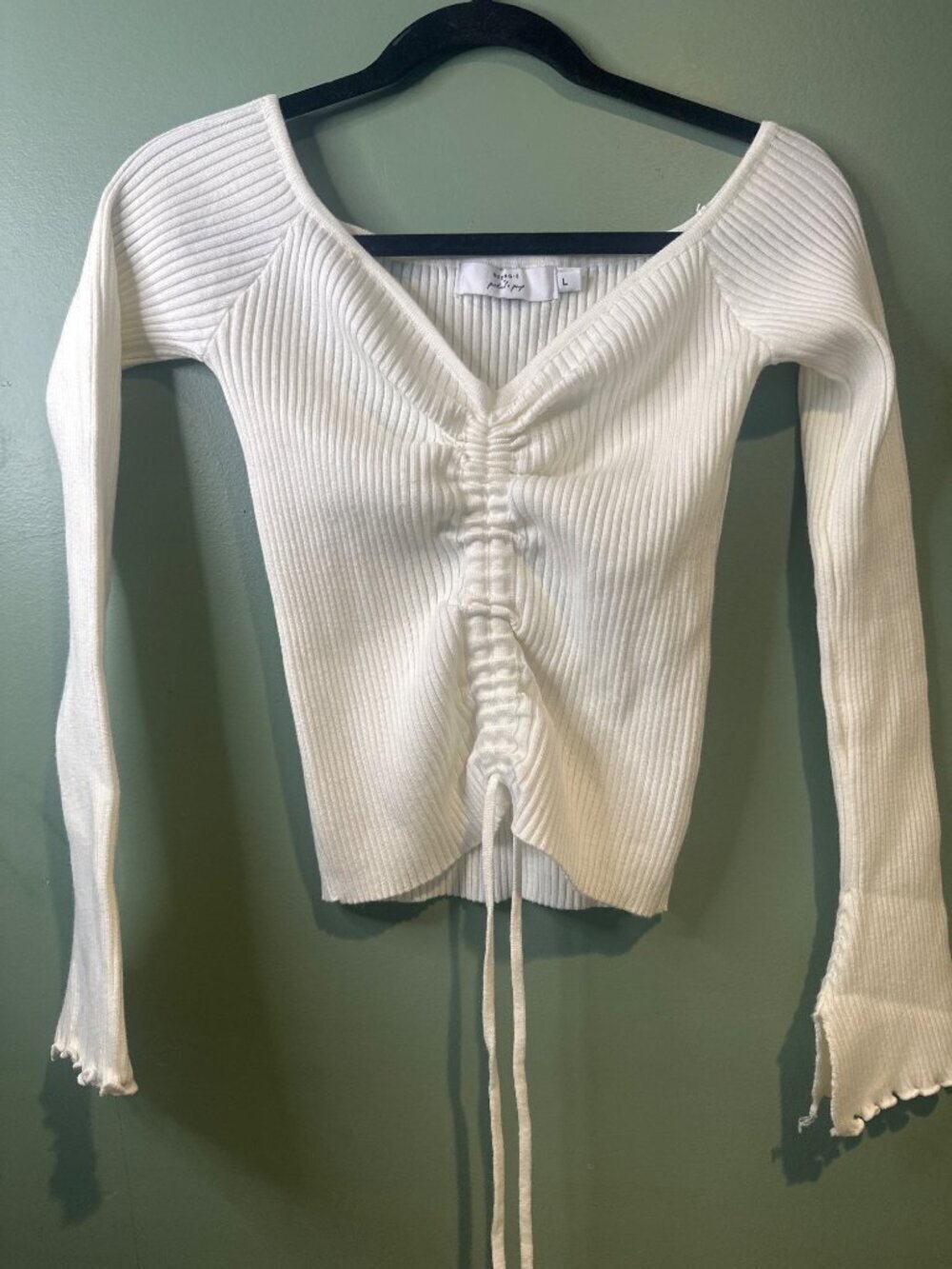 Y2K Ivory Knit Bell Sleeve Top Adjustable Front Tie Textured Sweater Size L